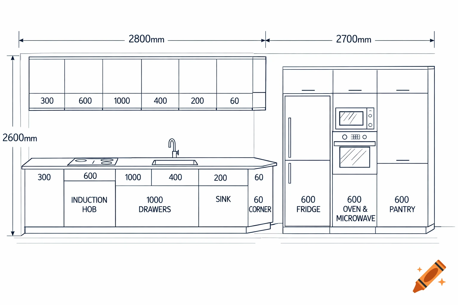 Technical drawing of a kitchen layout with dimensions, showing upper cabinets, a countertop with induction hob, sink, drawers, and a tall section with fridge, oven, and pantry.