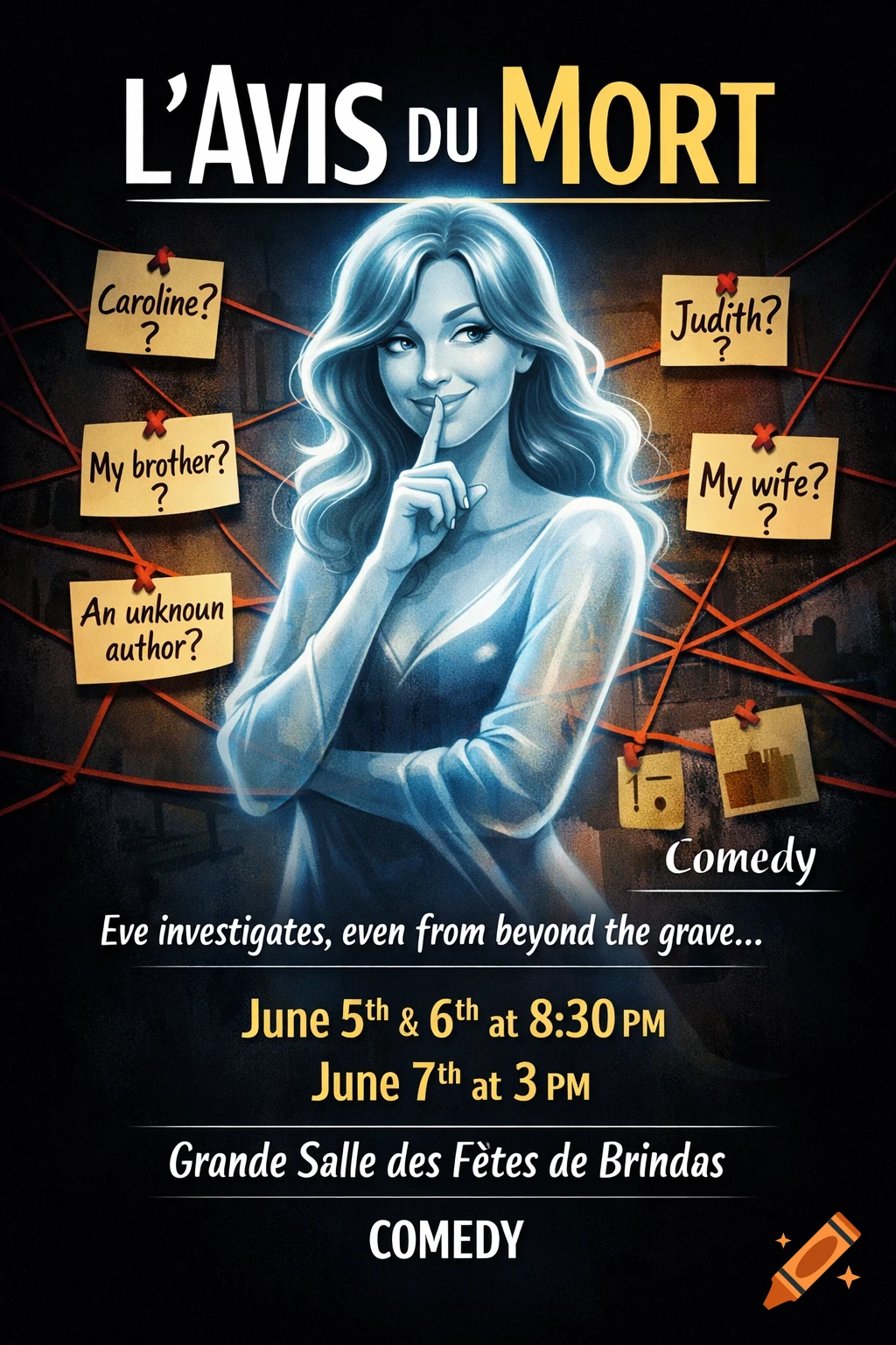 A theatre poster for 'L'Avis du Mort' featuring a translucent ghost woman with a finger to her lips, surrounded by post-it notes connected by red lines, against a dark background.