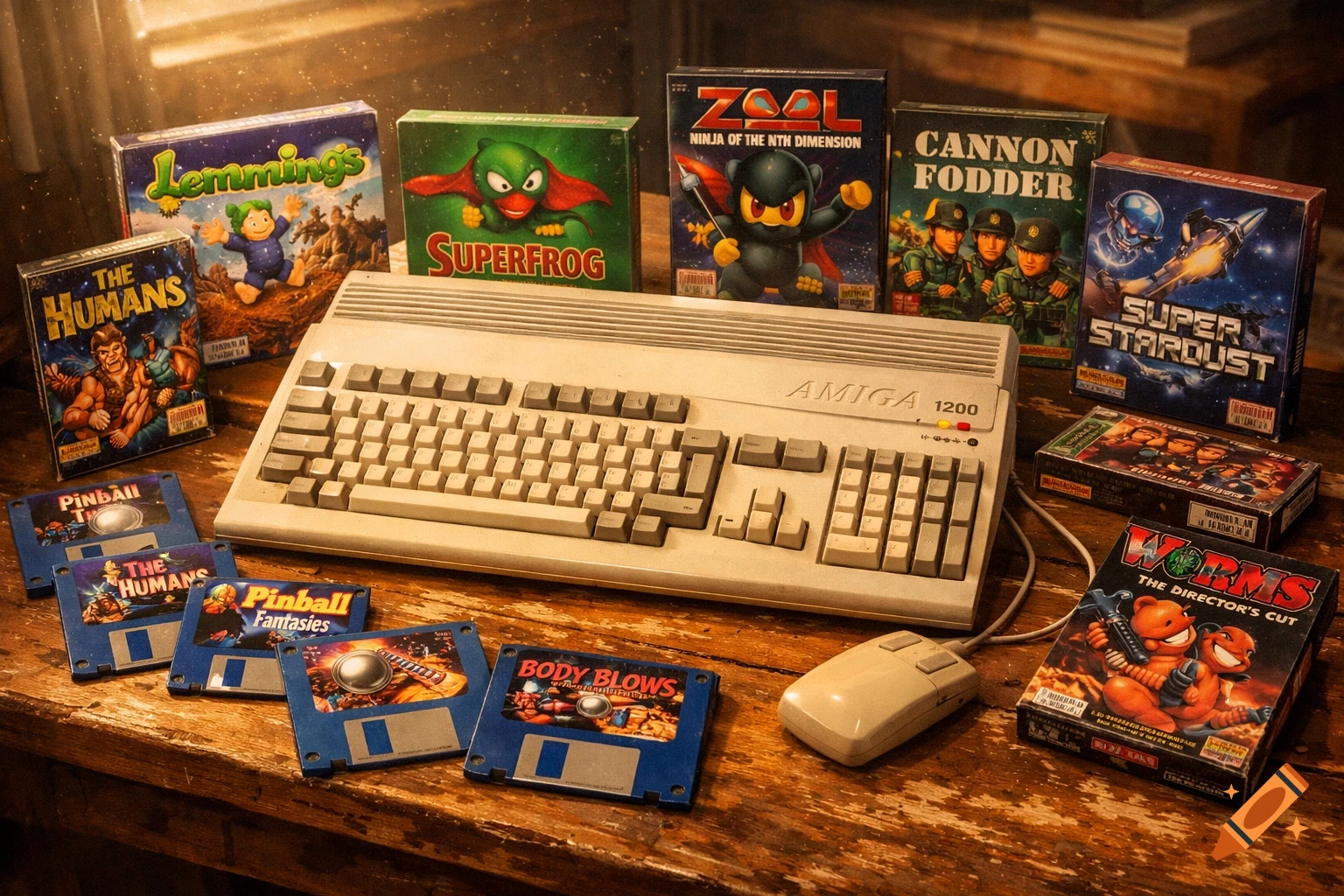 A vintage Amiga 1200 computer with a mouse and several classic game boxes and floppy disks on a wooden table.