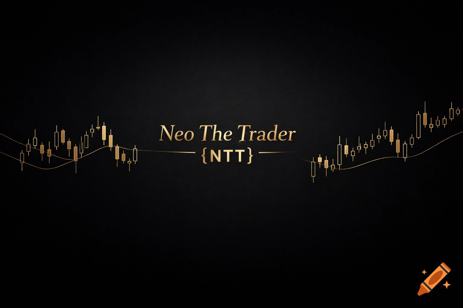 Minimalist black background with golden text "Neo The Trader {NTT}" and golden financial candlestick charts.