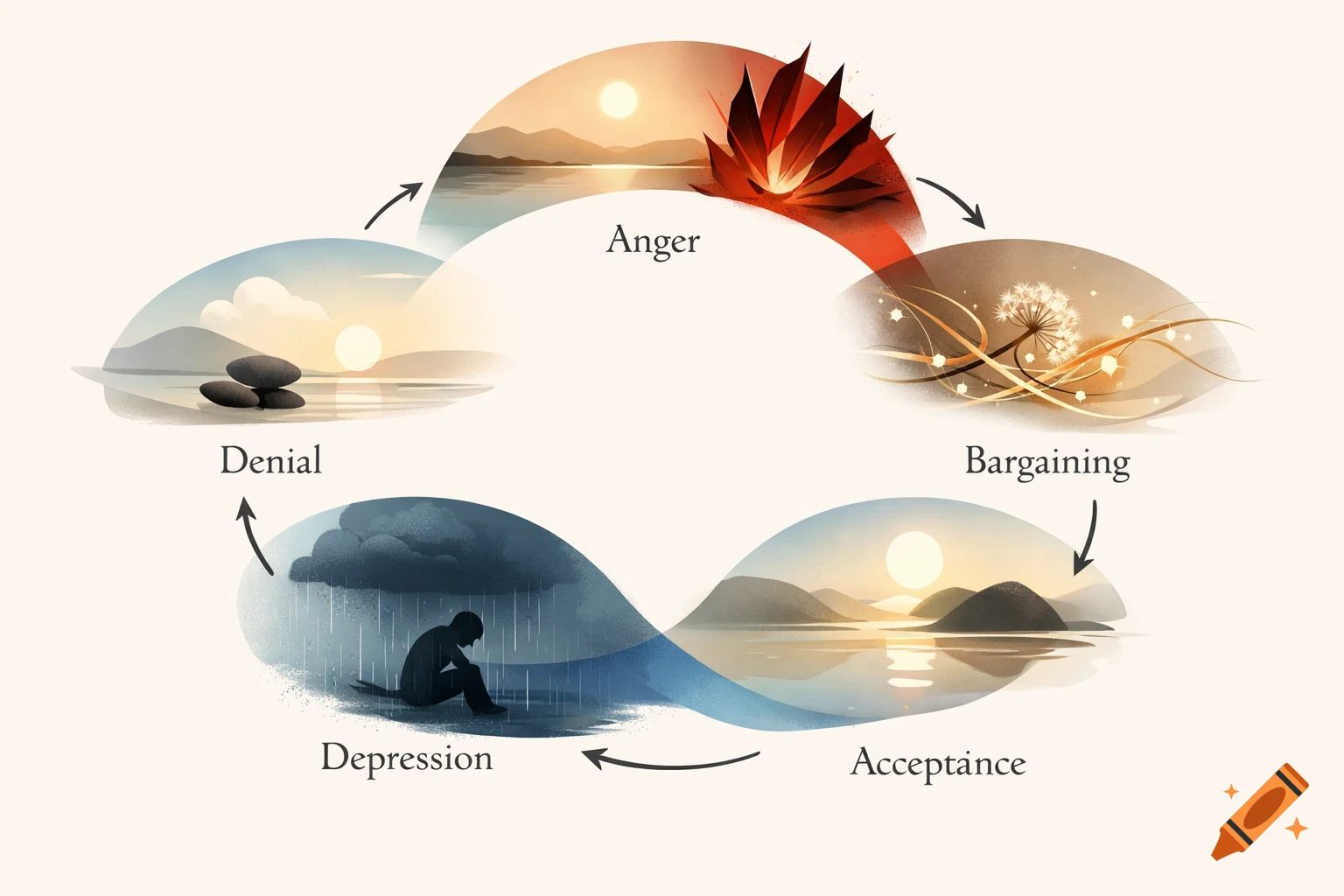 An illustrative cyclical diagram of the five stages of grief: Denial, Anger, Bargaining, Depression, and Acceptance.