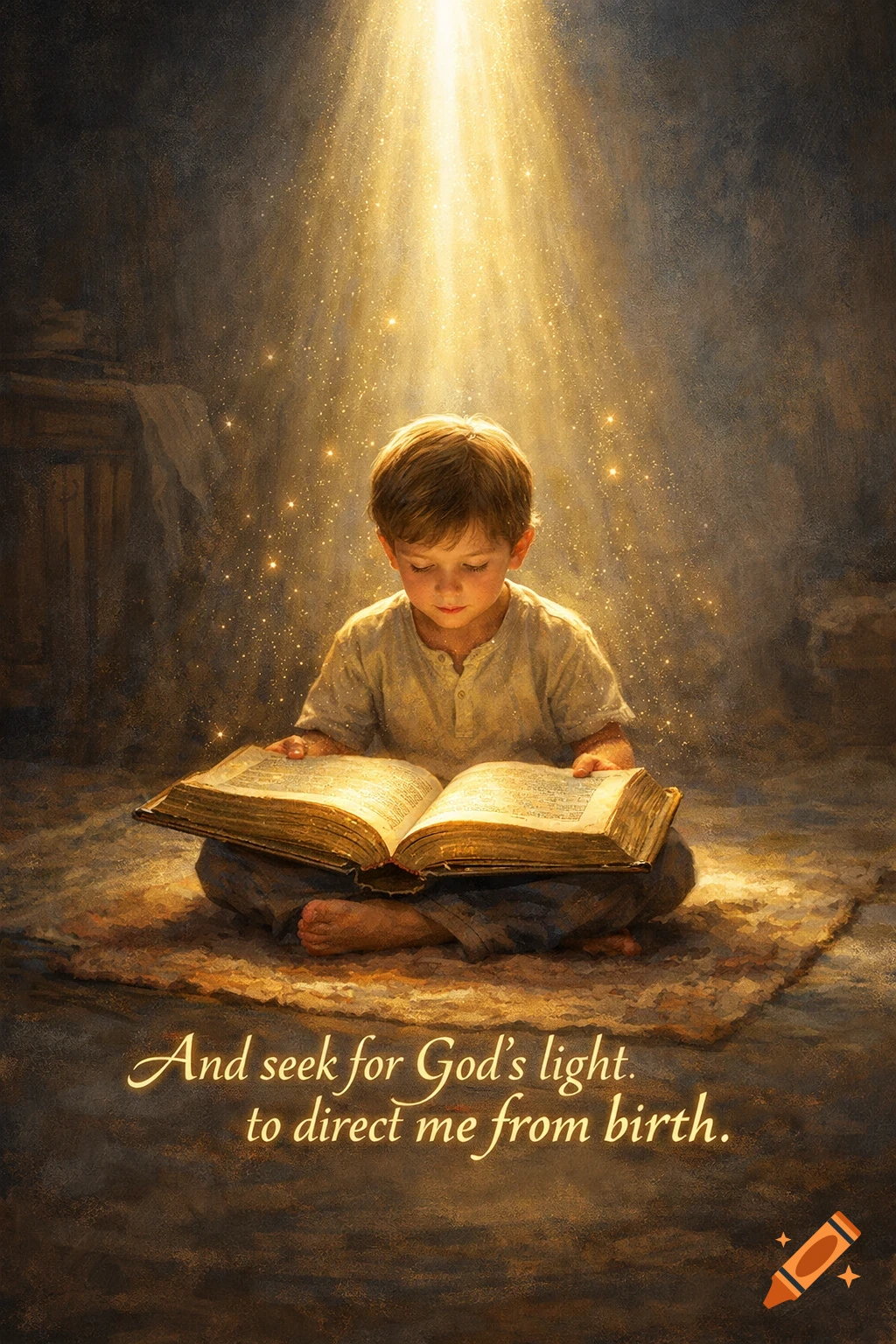 A little boy reads a large book under a golden light with sparkles, with the text 'And seek for God's light. to direct me from birth.' at the bottom.