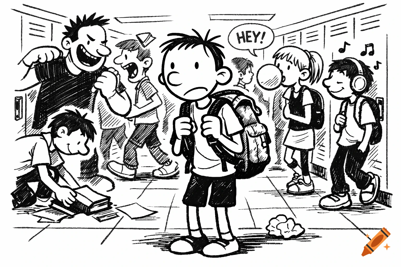 Black and white cartoon drawing of a busy school hallway with a sad boy, bullies, a girl blowing a bubble, and another picking up books.