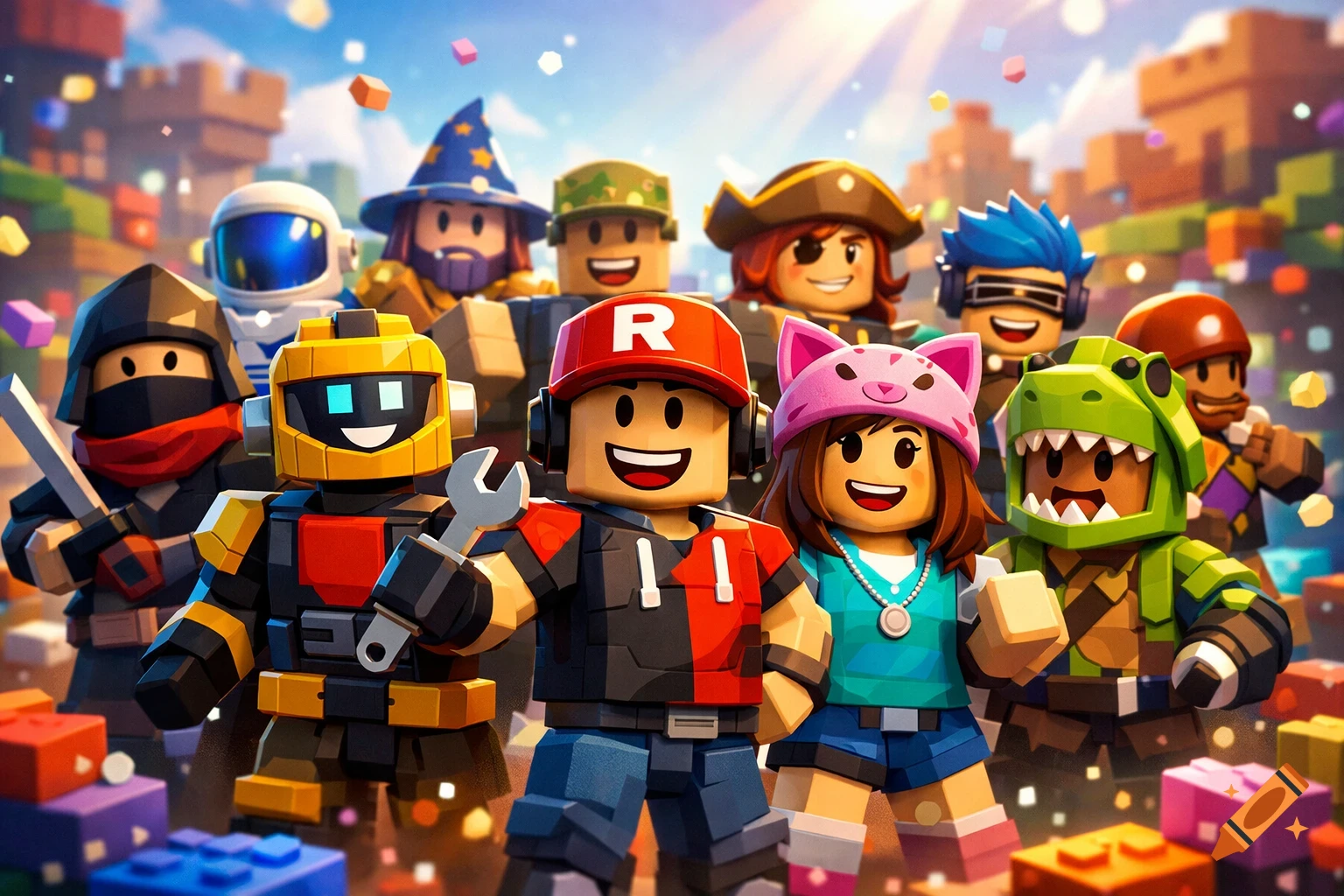 A group of diverse, smiling Roblox-style characters in various costumes, like a ninja, astronaut, and a character with an 'R' cap, in a colorful blocky world.