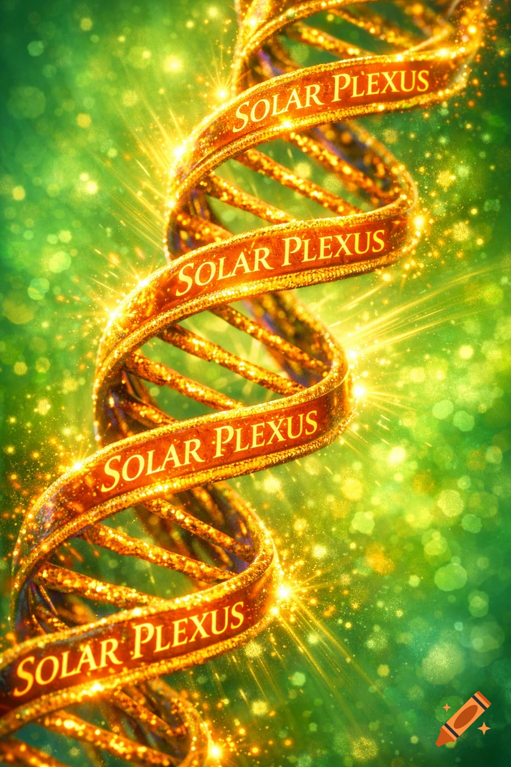 A glowing, golden, sparkly DNA-like spiral with "SOLAR PLEXUS" written on its twirls, set against a vibrant green bokeh background.