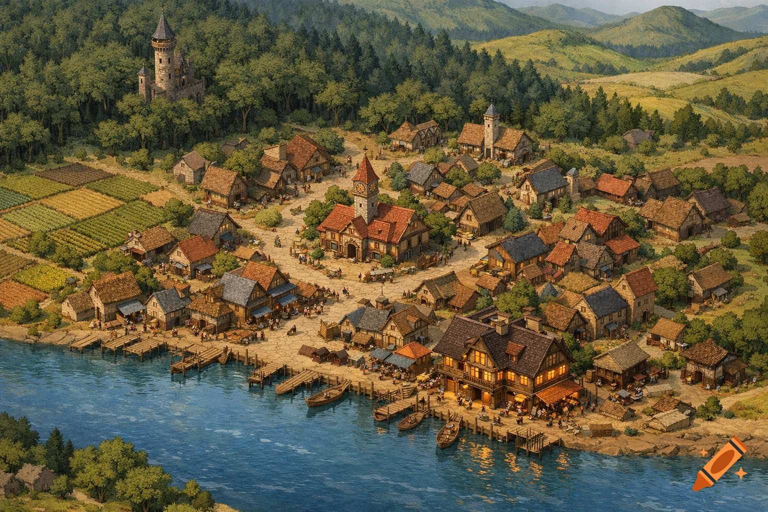 Isometric medieval fantasy town map with a river, docks, farms, central town square, and a castle in distant woods.