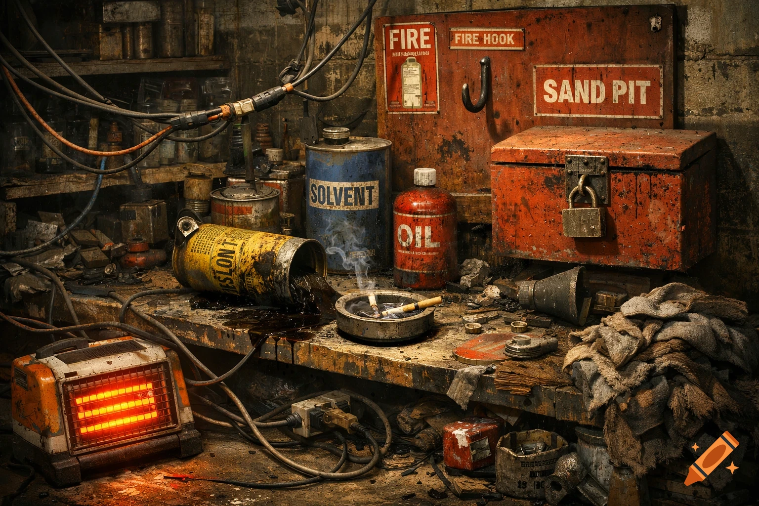 A cluttered, dirty workshop bench with a spilled yellow can of solvent, an ashtray with lit cigarettes, a red oil bottle, and a glowing heater. Fire safety signs are on the wall.