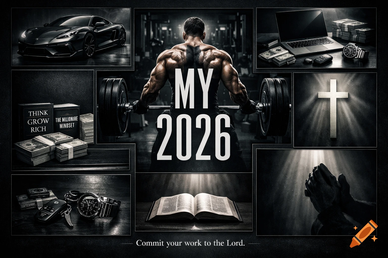 A dark, cinematic motivational collage featuring a muscular man in a gym, a luxury sports car, a desk with cash and a laptop, books, an open Bible, a cross, and praying hands. Text says 'MY 2026' and 'Commit your work to the Lord.'