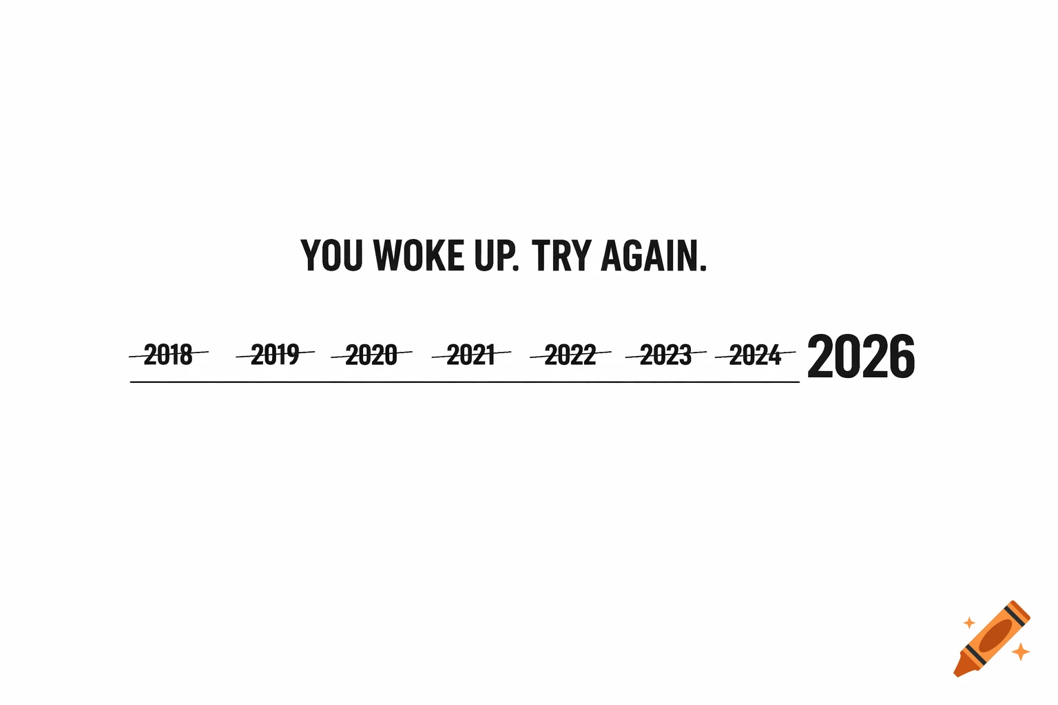 Black text on a white background reads "YOU WOKE UP. TRY AGAIN." Below it, a timeline shows years 2018 through 2024 crossed out, followed by a bold, uncrossed 2026.