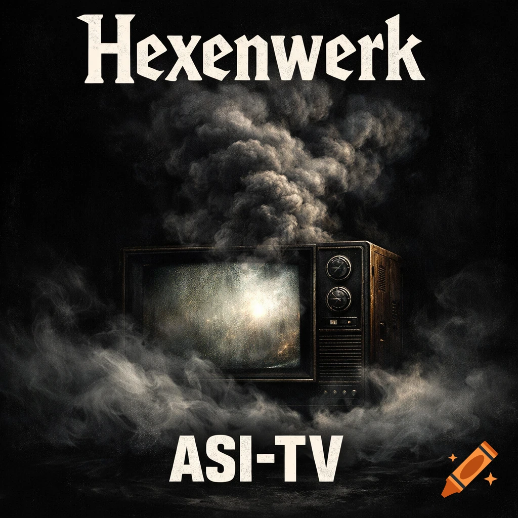 An old, smoking television set with a bright, distressed screen against a dark, smoky background. The word "Hexenwerk" is at the top, and "ASI-TV" is at the bottom.