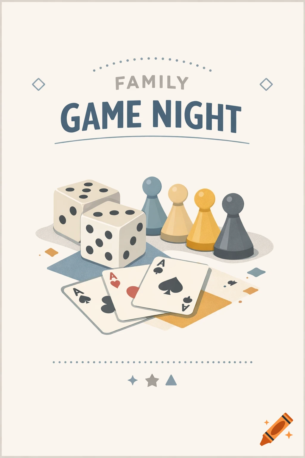 Illustration of a 'FAMILY GAME NIGHT' poster featuring game pawns, dice, and playing cards.