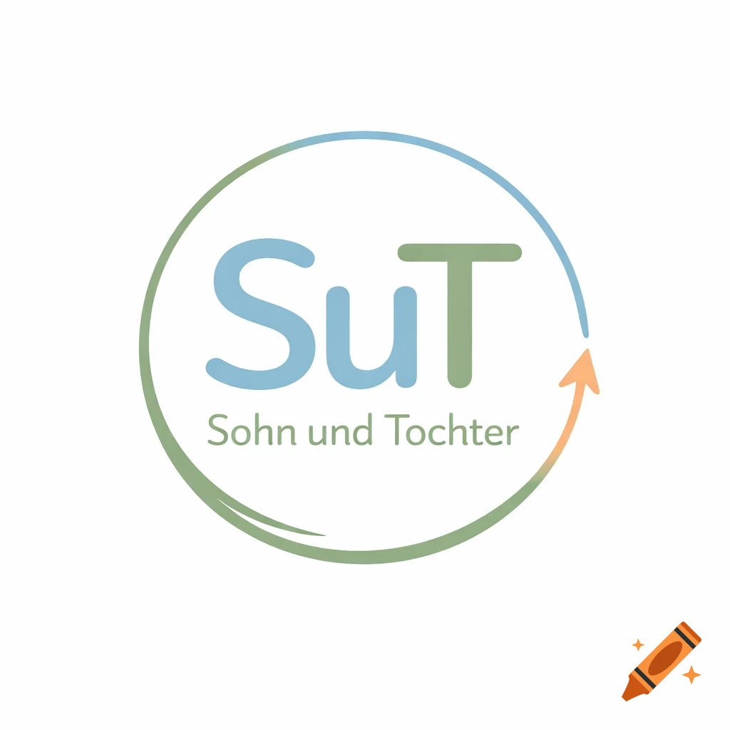 A modern, circular logo for 'Sohn und Tochter'. It features 'SuT' in blue and green, with 'Sohn und Tochter' below. A green and blue circular arrow graphic symbolizes a cycle.