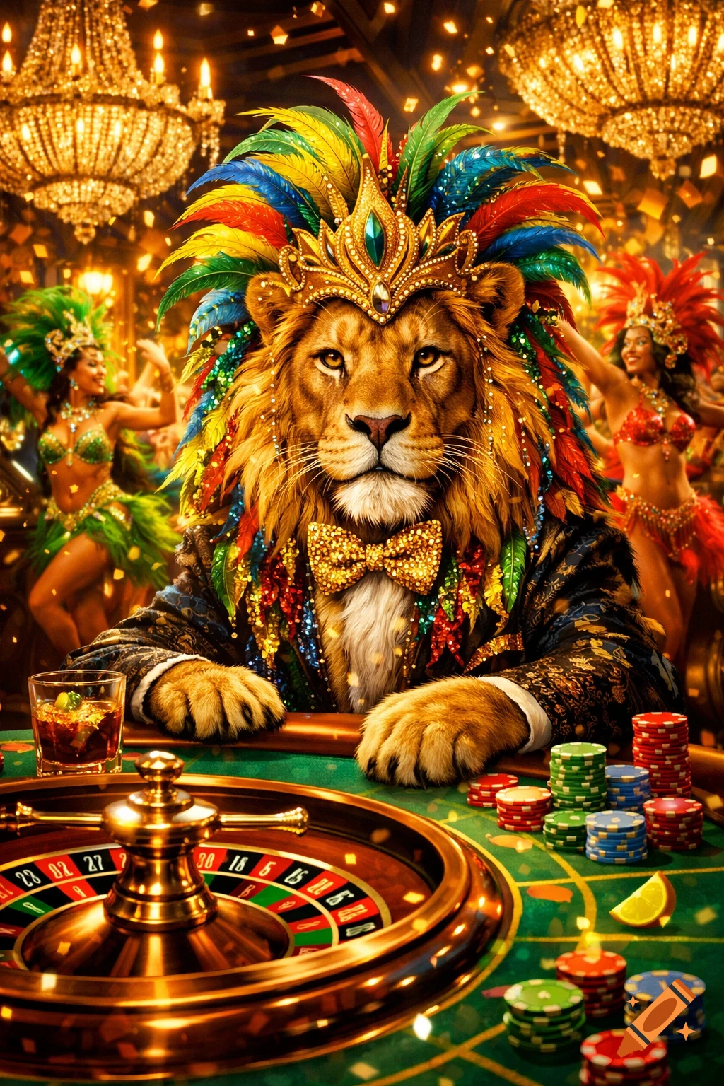 A majestic lion in a carnival headdress and suit sits at a roulette table, surrounded by gold confetti and dancers in vibrant costumes.