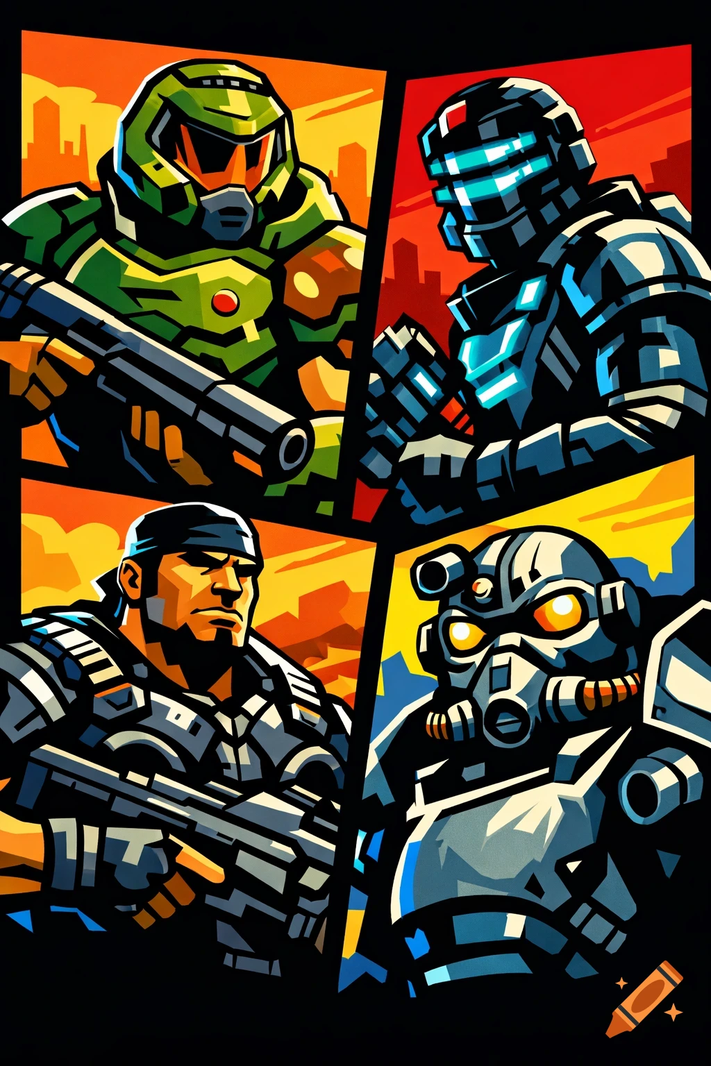 Stylized comic art of four iconic video game characters: Doom Slayer, Isaac Clarke, Marcus Fenix, and a Fallout Power Armor.