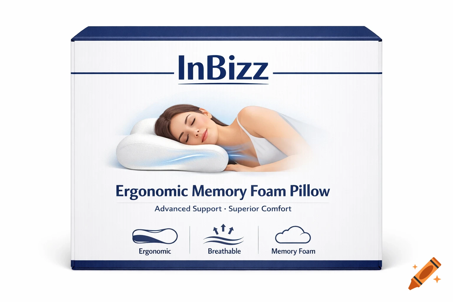 A white and navy product box for an InBizz ergonomic memory foam pillow, featuring a woman sleeping peacefully on the pillow.