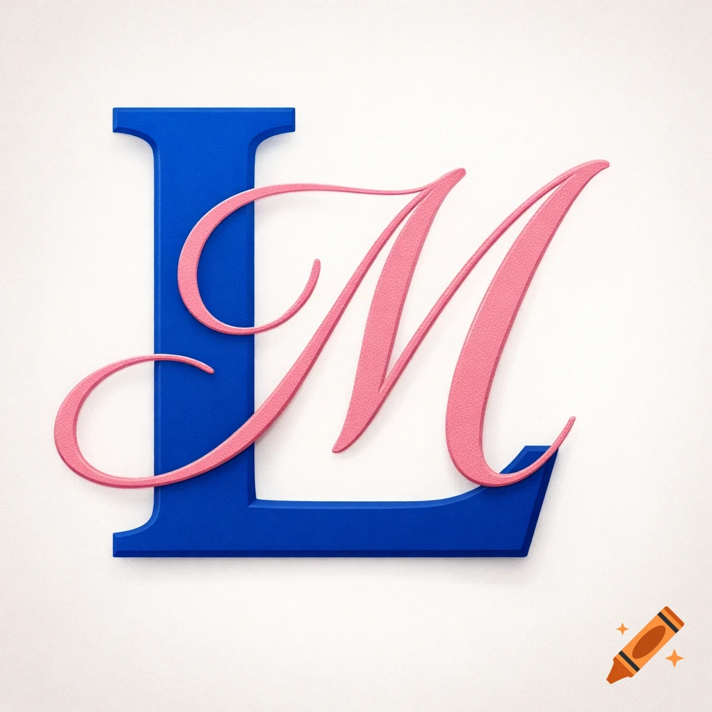 A blue block letter L intertwined with a pink script letter M, forming an elegant monogram.