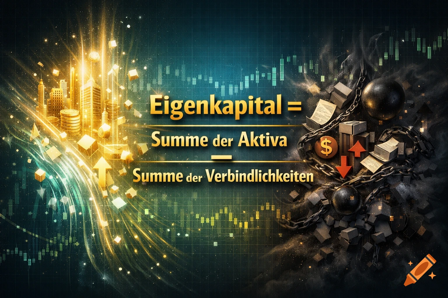 A conceptual image illustrating "Eigenkapital = Summe der Aktiva \u2013 Summe der Verbindlichkeiten" with golden assets and dark liabilities.