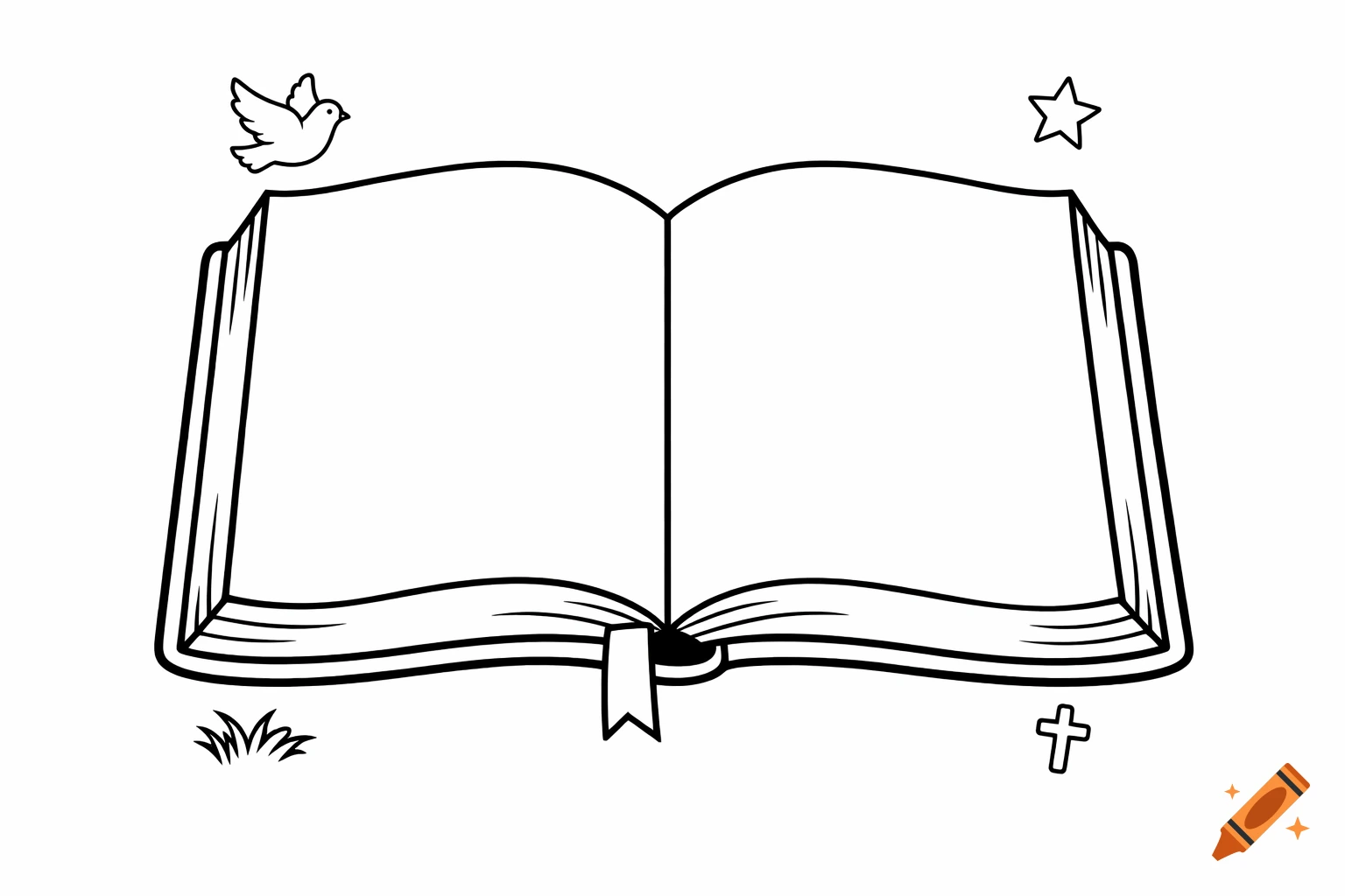 Outline drawing of an open book with a bookmark, a dove, a star, a cross, and grass for coloring.