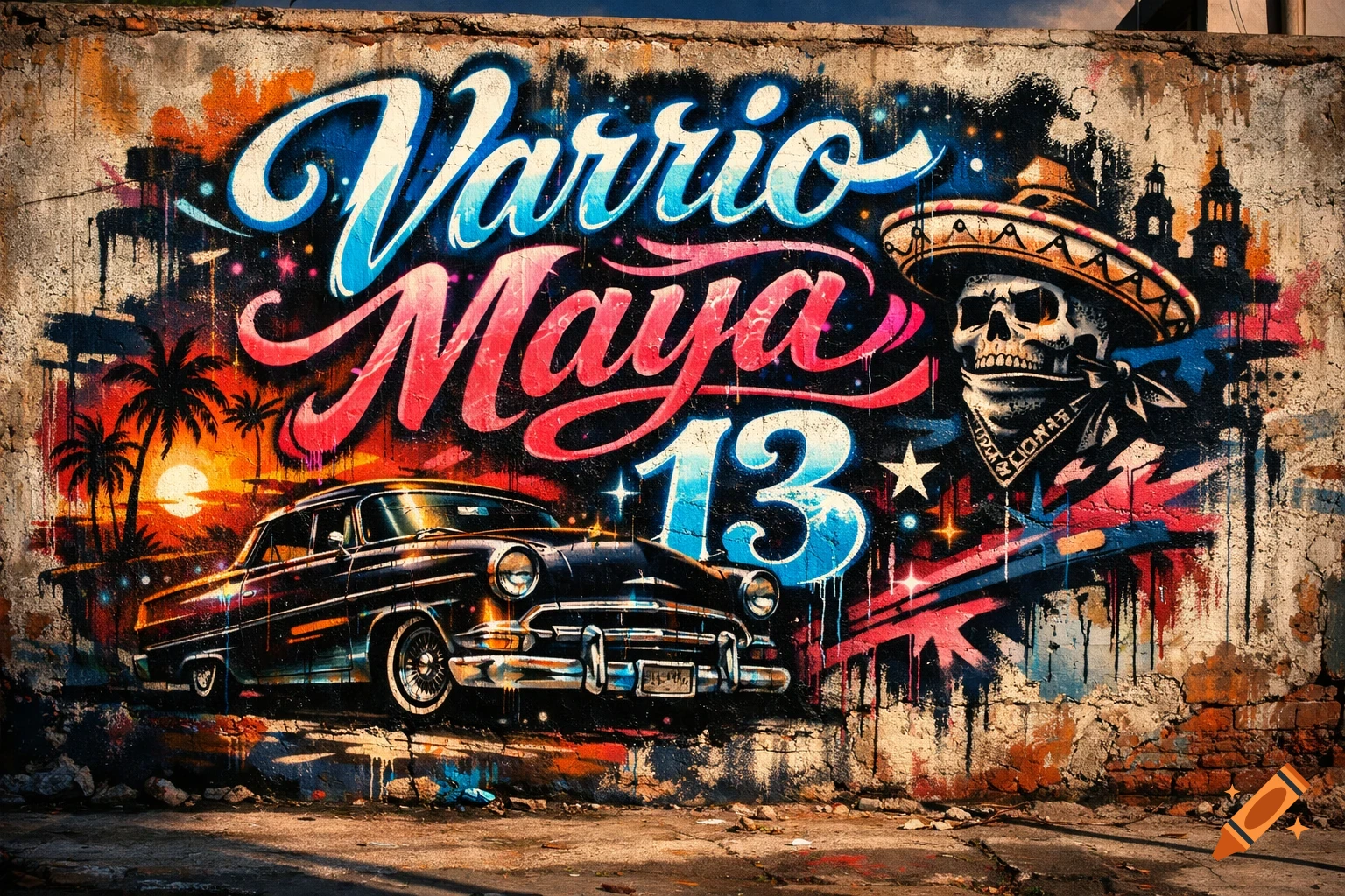Vibrant graffiti mural on a weathered wall with 'Varrio Maya 13', a classic lowrider car, palm trees, sunset, and a sombrero skull.