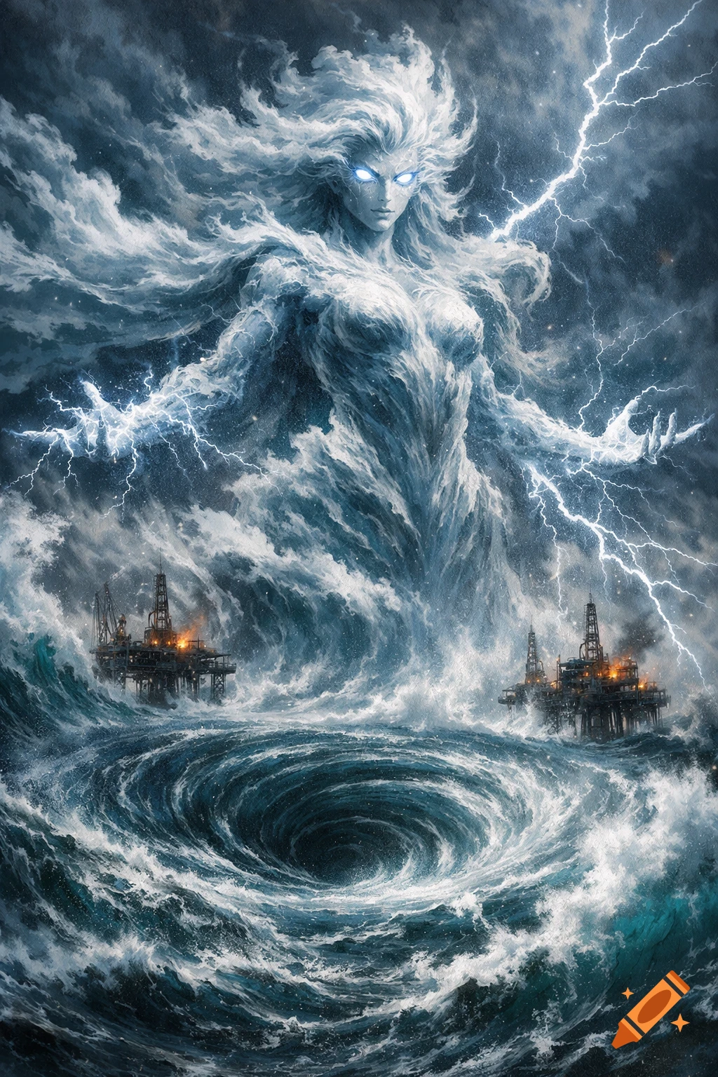 Storm goddess of clouds and water, with glowing eyes and lightning, creating a giant whirlpool around oil rigs.