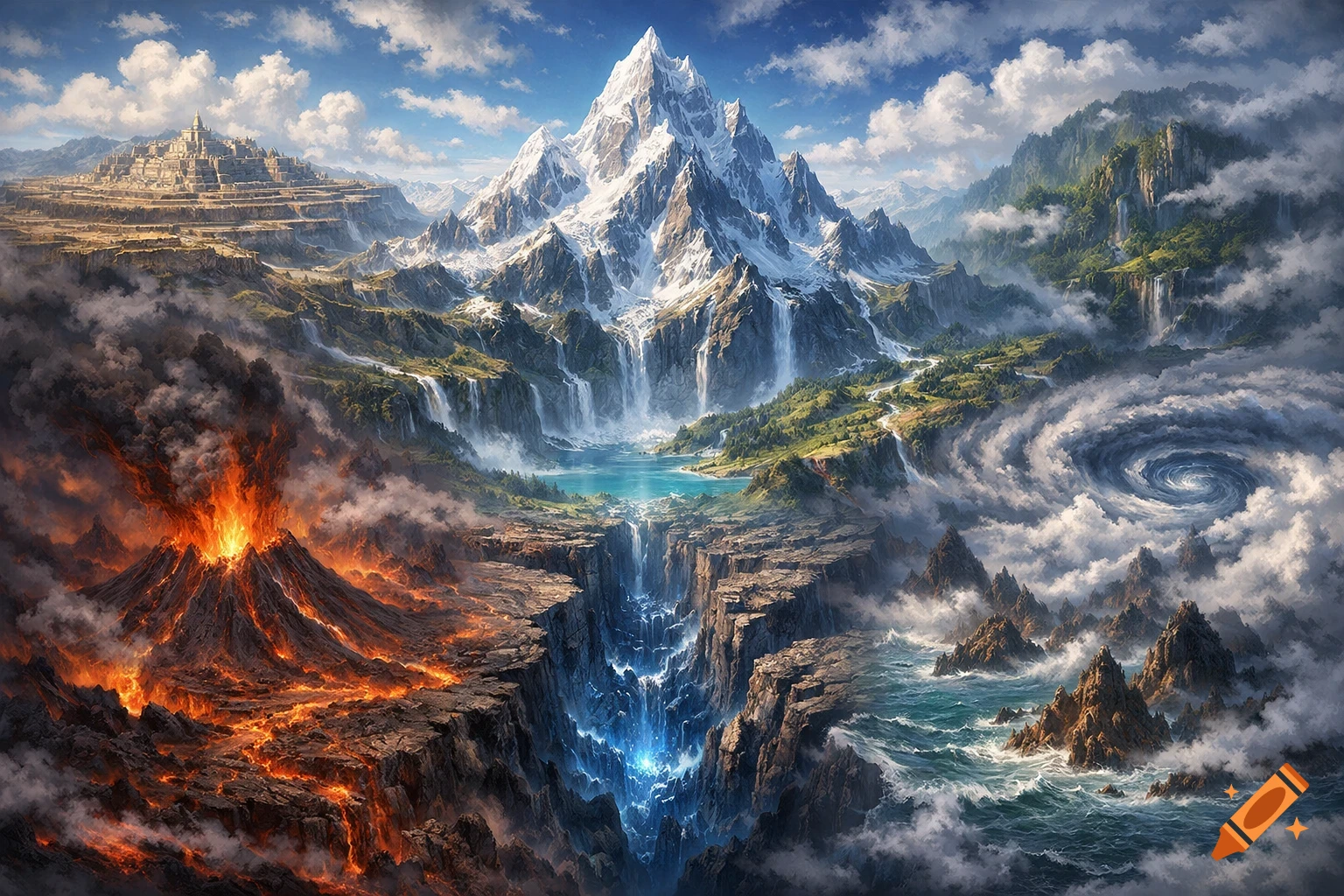 A vibrant fantasy landscape depicting a snowy mountain, volcanic eruption, ocean storm, glowing canyon, and ancient city.