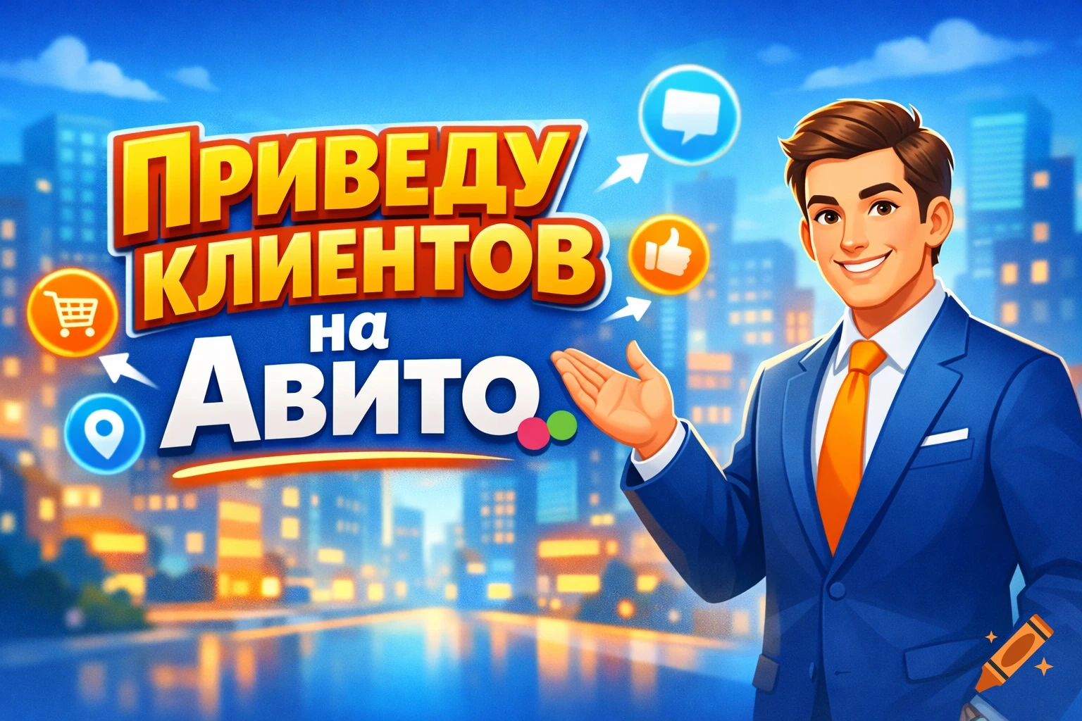 A cartoon man in a blue suit smiles and gestures, standing in front of a blue banner with Russian text "ПРИВЕДУ КЛИЕНТОВ на АВИТО" and various icons. A blurred cityscape is in the background.