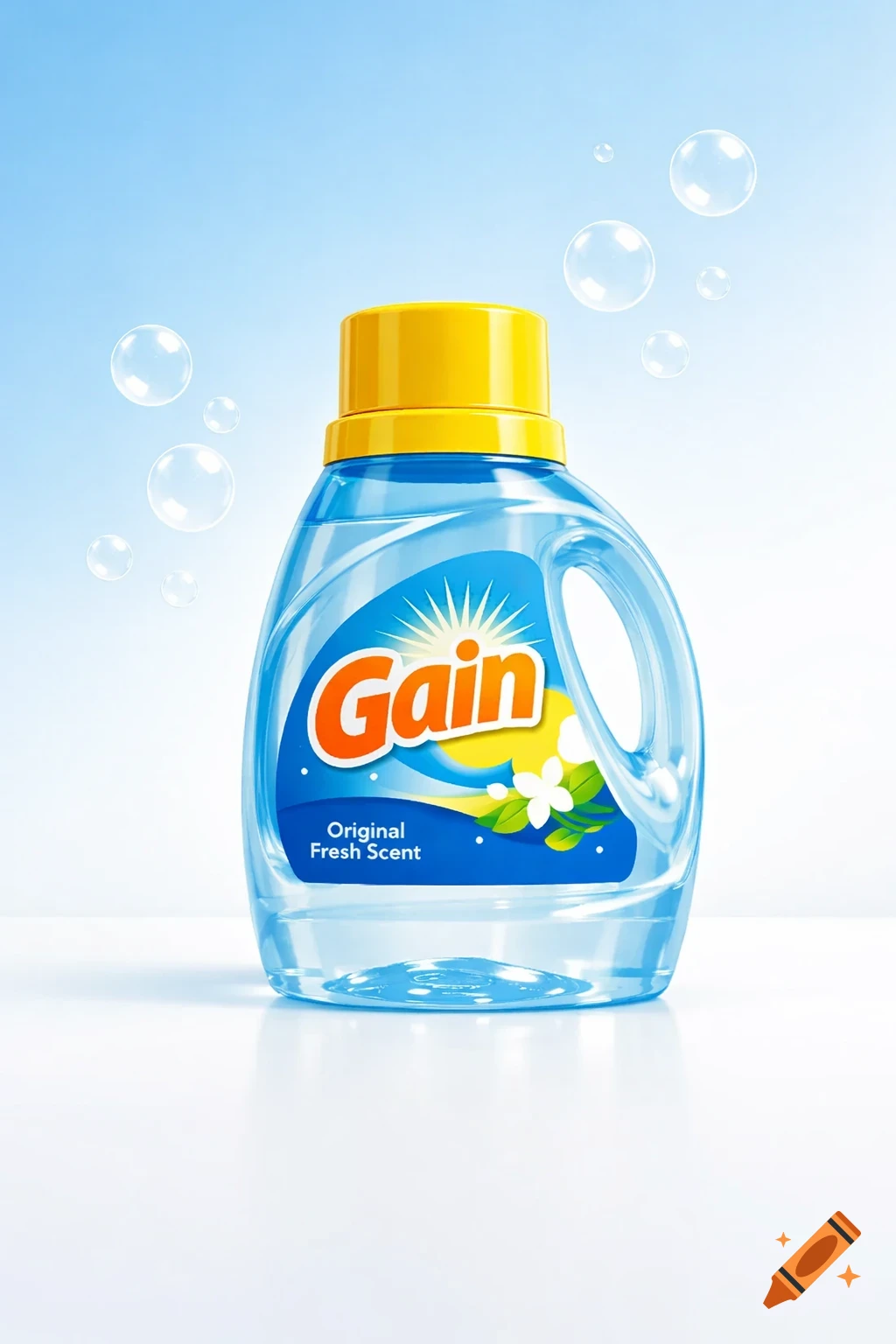 A clear blue bottle of Gain laundry detergent with a yellow cap and label, surrounded by floating soap bubbles against a light blue background.