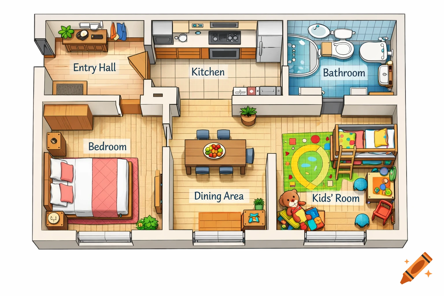 Cartoon top-down floor plan of an apartment with labeled rooms including an entry hall, kitchen, bathroom, bedroom, dining area, and kids' room, featuring colorful furniture.