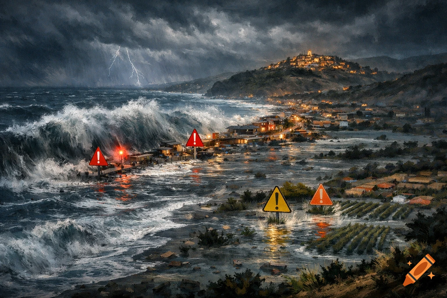 A dramatic painting of a coastal town experiencing a severe storm with large waves crashing, lightning, and warning signs.