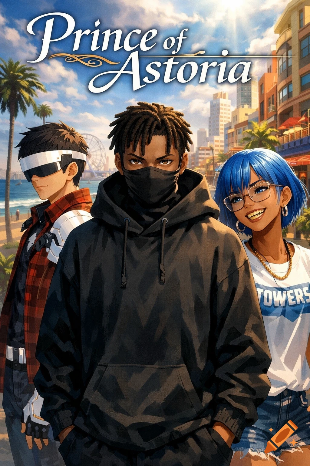 Anime-style illustration of three diverse young people in a vibrant beachfront city. Title: Prince of Astoria.
