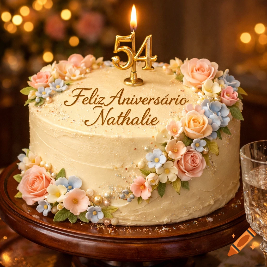 A festive birthday cake decorated with pink and blue flowers, small pearls, a '54' candle, and 'Feliz Aniversário Nathalie' text.