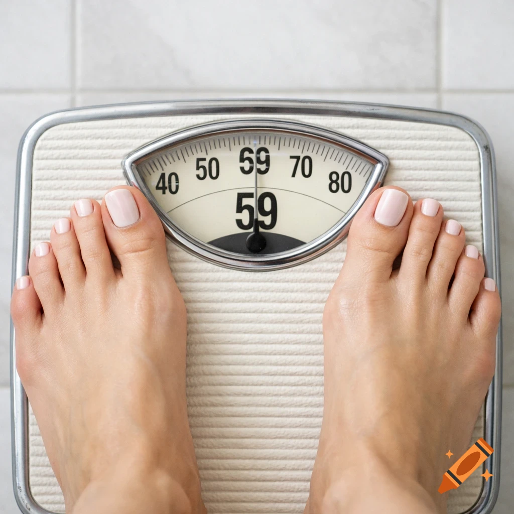 Photorealistic top-down view of female feet with painted toenails standing on a bathroom scale showing the number 59.