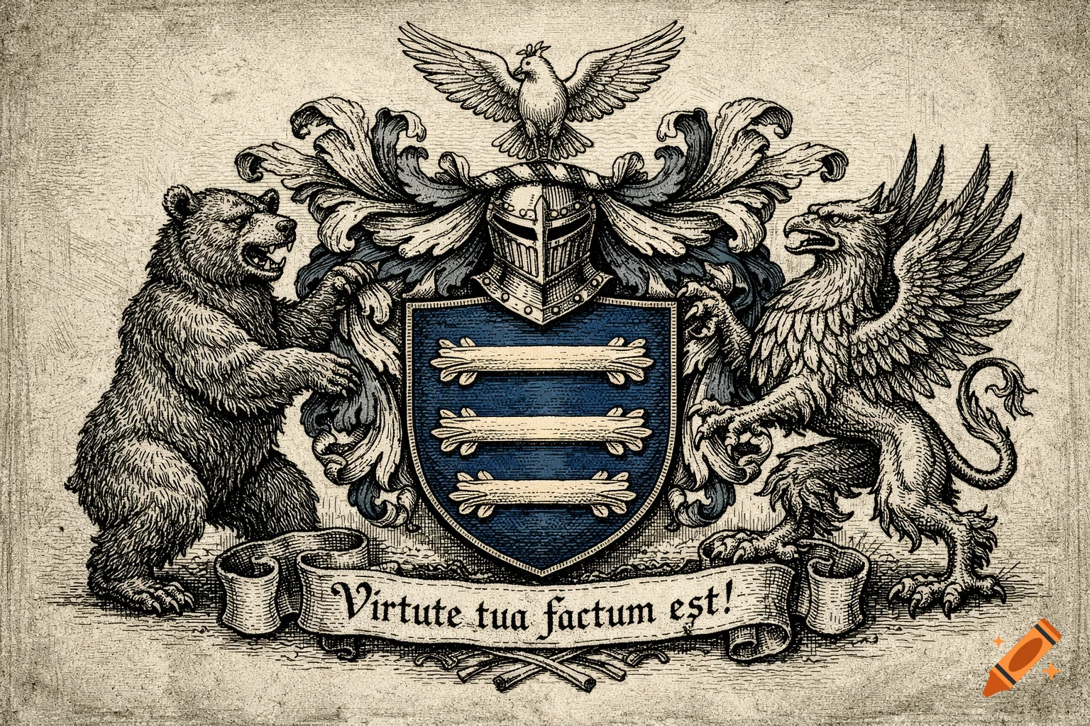 A medieval engraving of a heraldic crest with a blue shield, supported by a bear and a griffin, topped by a dove, with a scroll reading 'Virtute tua factum est!'