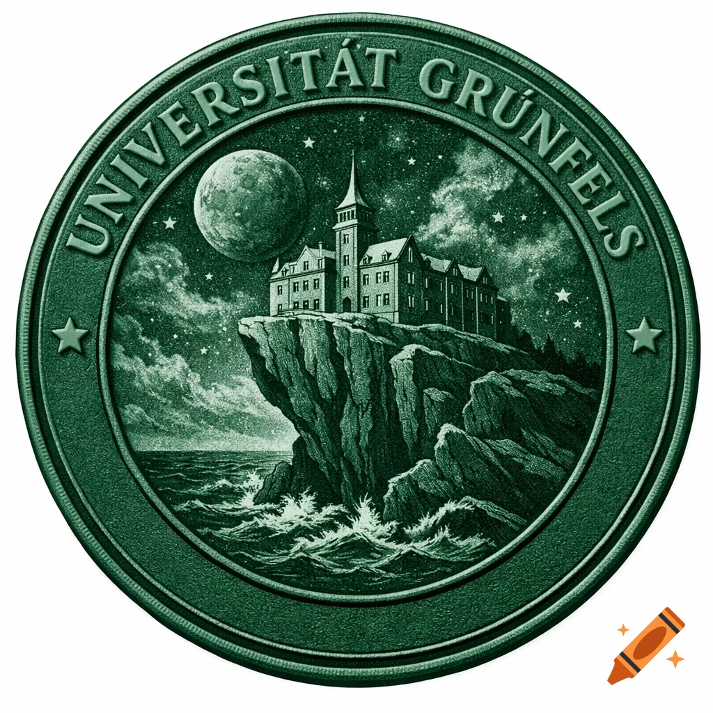 A green embossed emblem shows a university building on a cliff overlooking a stormy sea under a starry sky and large moon, with 'UNIVERSITÄT GRÜNFELS' text.