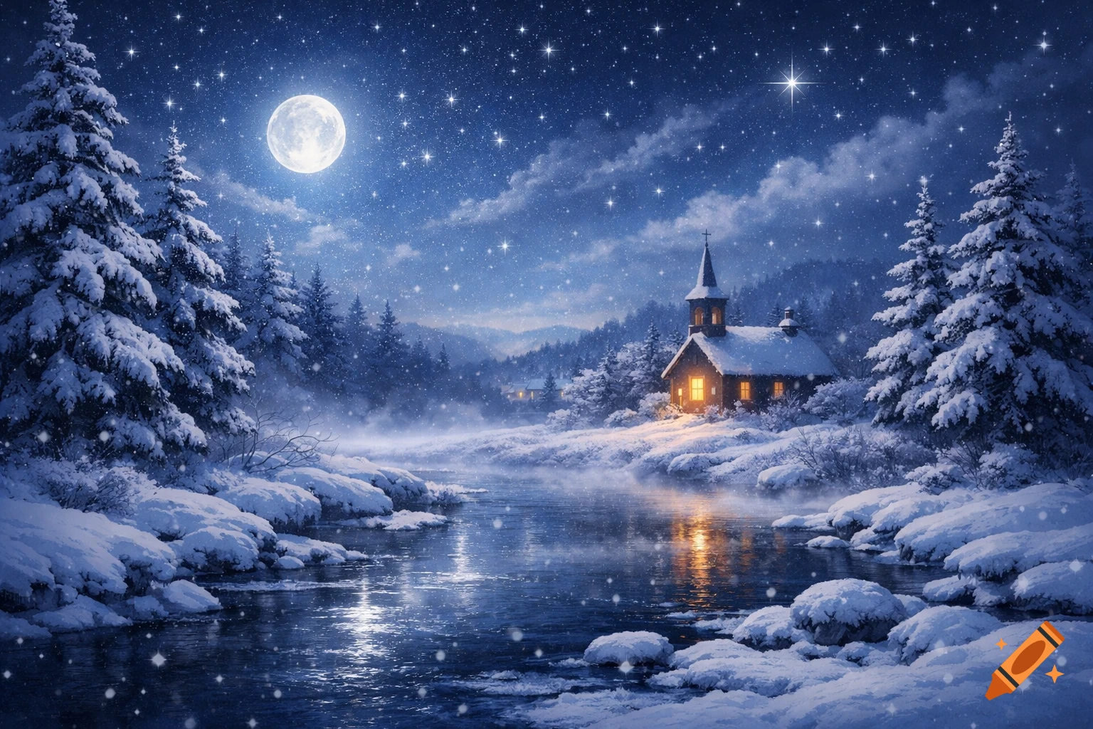 A serene winter night scene with a snow-covered church, pine trees, and a river reflecting the full moon and starry sky.