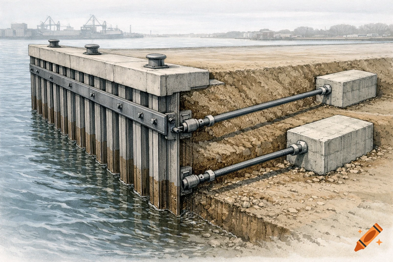 Detailed technical illustration of an anchored sheet pile quay, showing the structure's foundation in the ground and adjacent water, with a distant port.