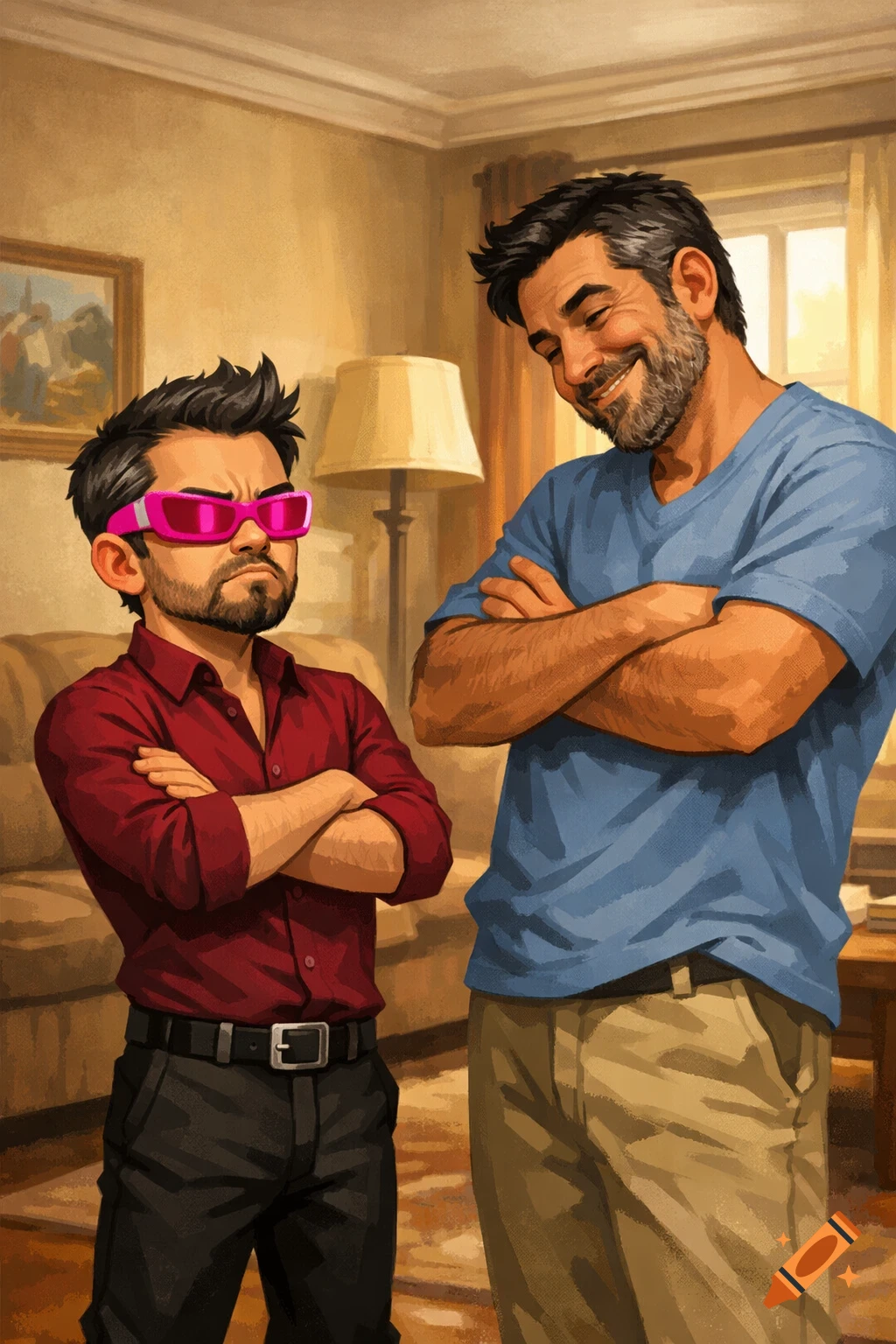 Caricatured illustration of a short man in pink futuristic glasses and red shirt, with arms crossed and a stern look, standing next to a taller, smiling man in a blue shirt.