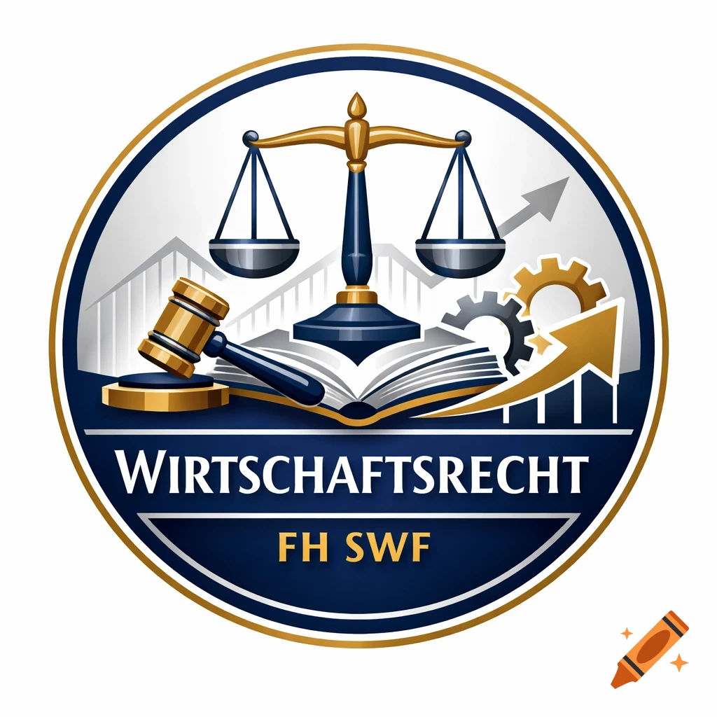 Circular logo with scales of justice, gavel, open book, gears, and upward arrow. Text reads: WIRTSCHAFTSRECHT FH SWF.