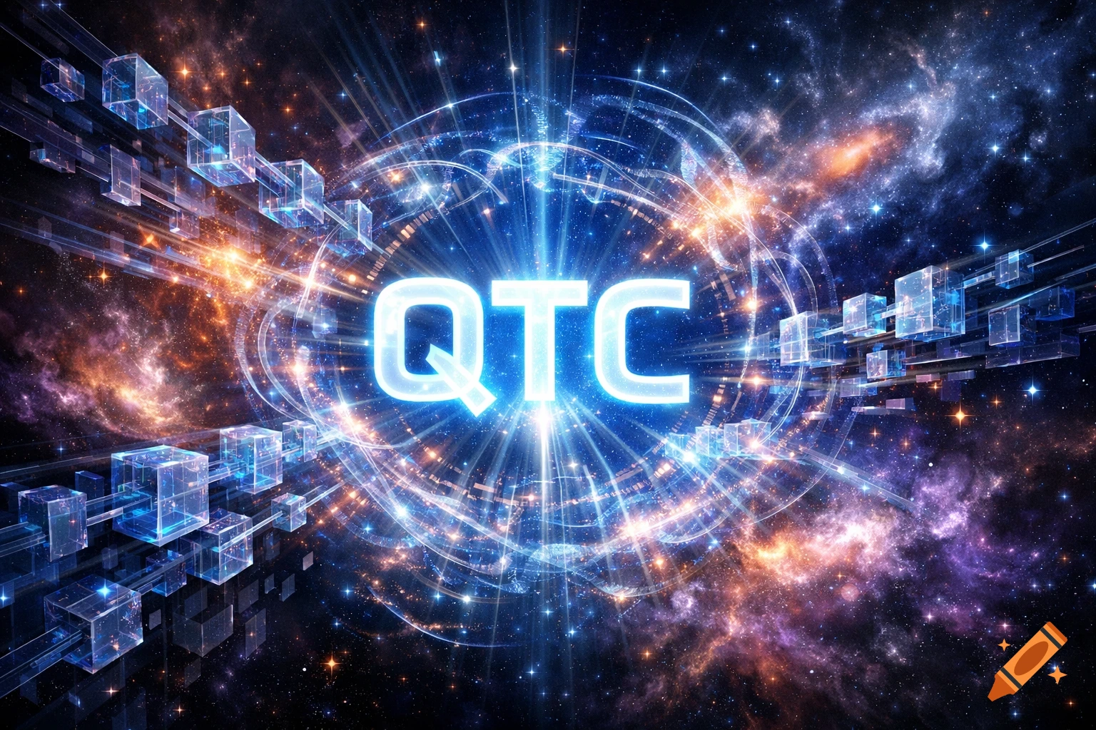Glowing QTC text at the center of a swirling blue energy vortex, surrounded by abstract transparent cubes and a vibrant galaxy.