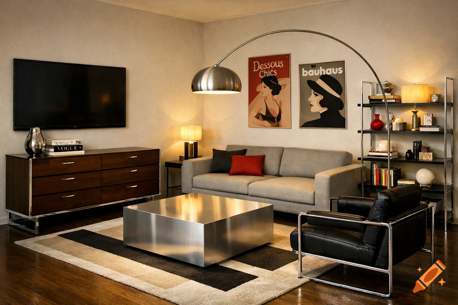 A stylish living room in Bauhaus style, featuring a gray sofa, a large metallic coffee table, a dark wood dresser with a TV, a black leather armchair, a metal shelf, and retro-style posters on the wall.