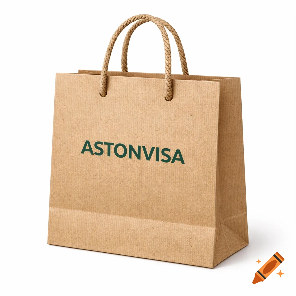 Photorealistic eco-friendly kraft paper shopping bag with twisted rope handles and 'ASTONVISA' logo on a white background.