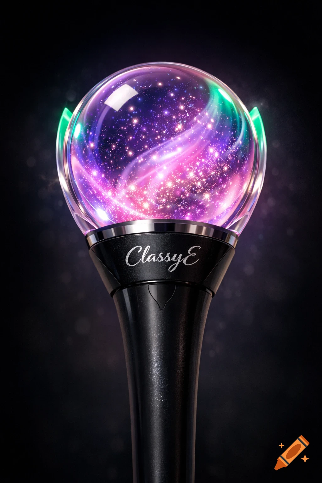 A K-pop lightstick featuring a luminous purple, pink, and blue sparkling bubble with green tips, and 'ClassyE' on its black handle.