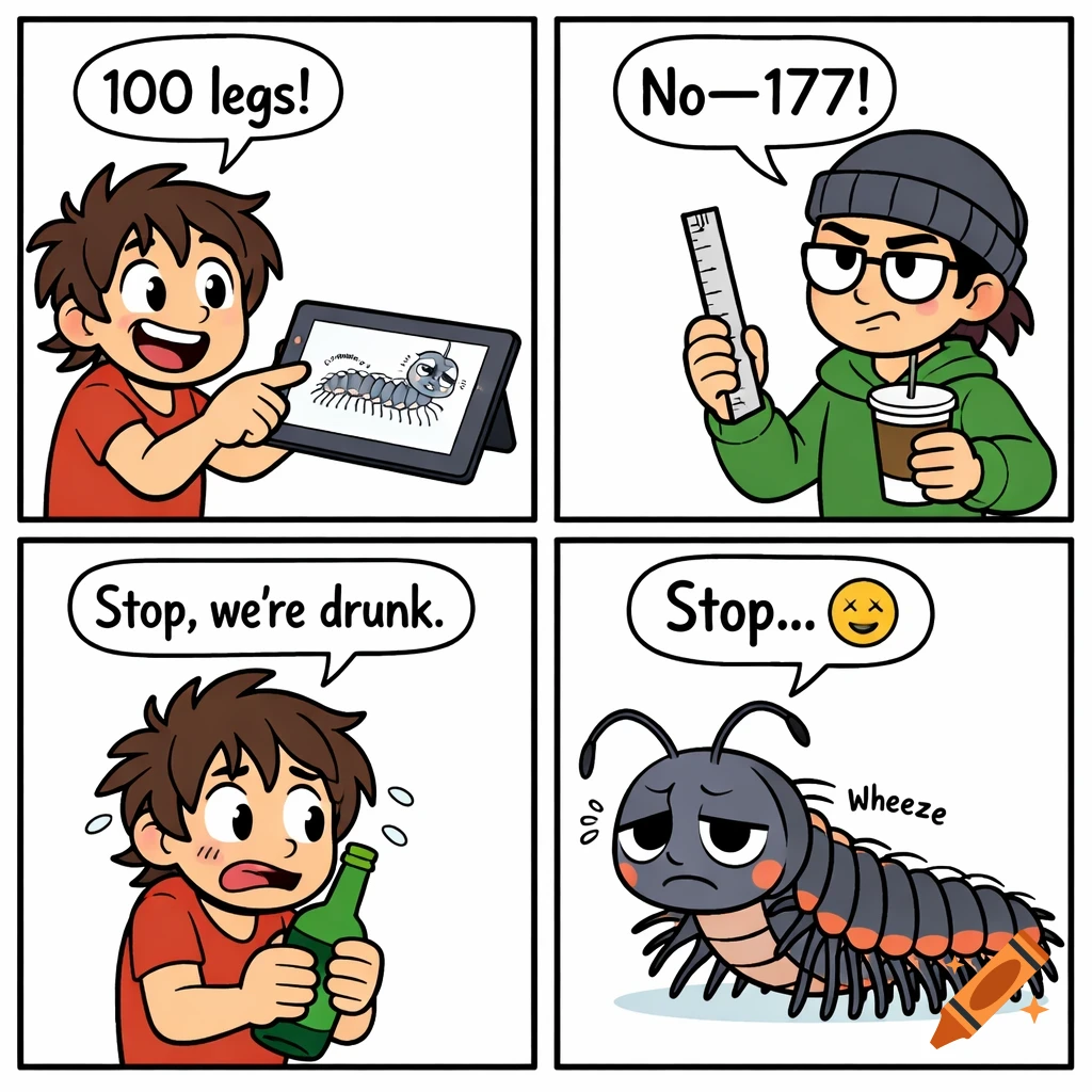 A four-panel cartoon comic about two people debating a centipede's leg count, then getting drunk, and an exhausted centipede.