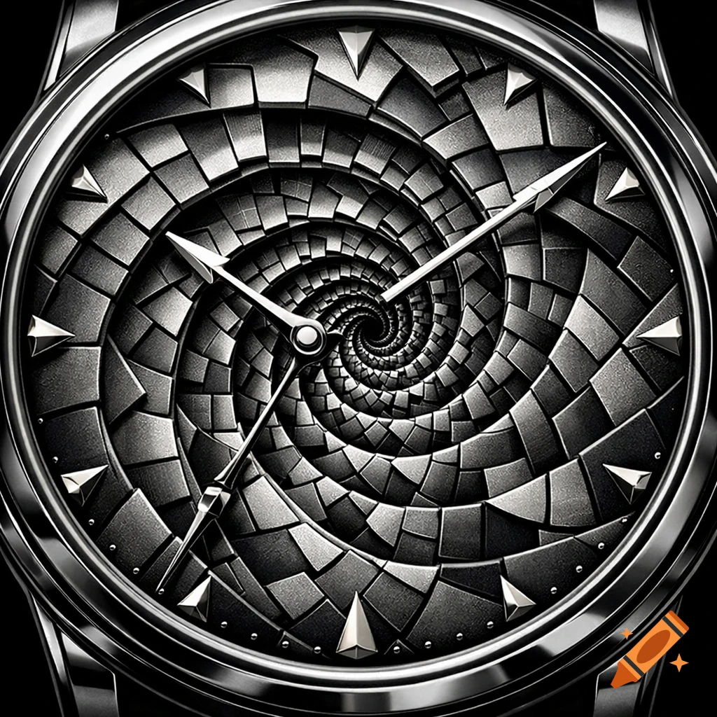Close-up of a silver watch with an intricate dark metallic spiral M.C. Escher-style face and white hands.