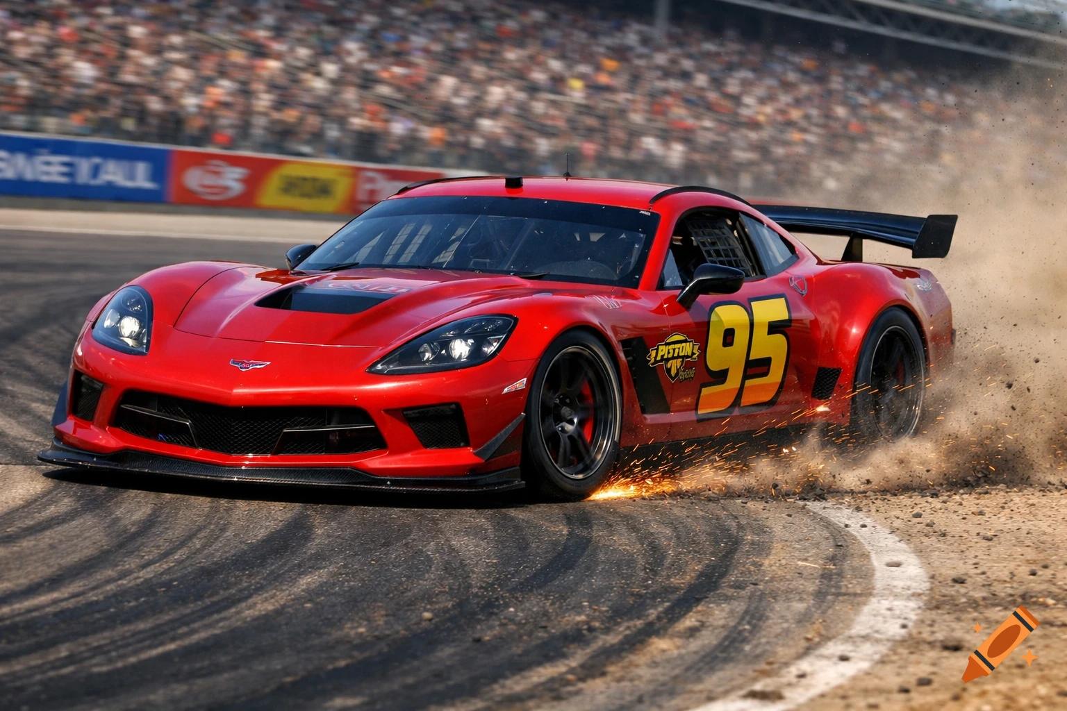 A red race car with the number 95 and Piston Cup logo drifts on a dirt track, kicking up dust and sparks, with a blurred crowd in the background.