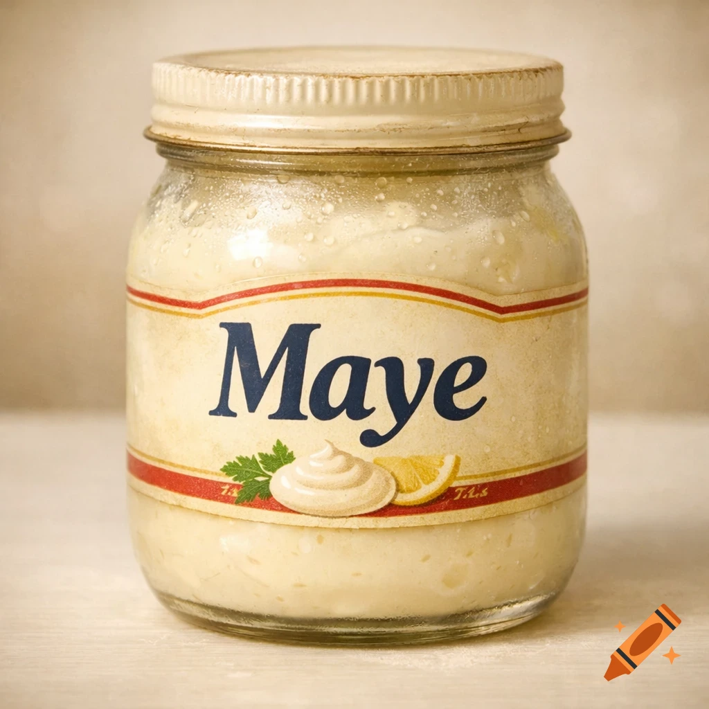 A glass jar of mayonnaise with a label reading 'Maye', a lemon wedge, and a parsley sprig.