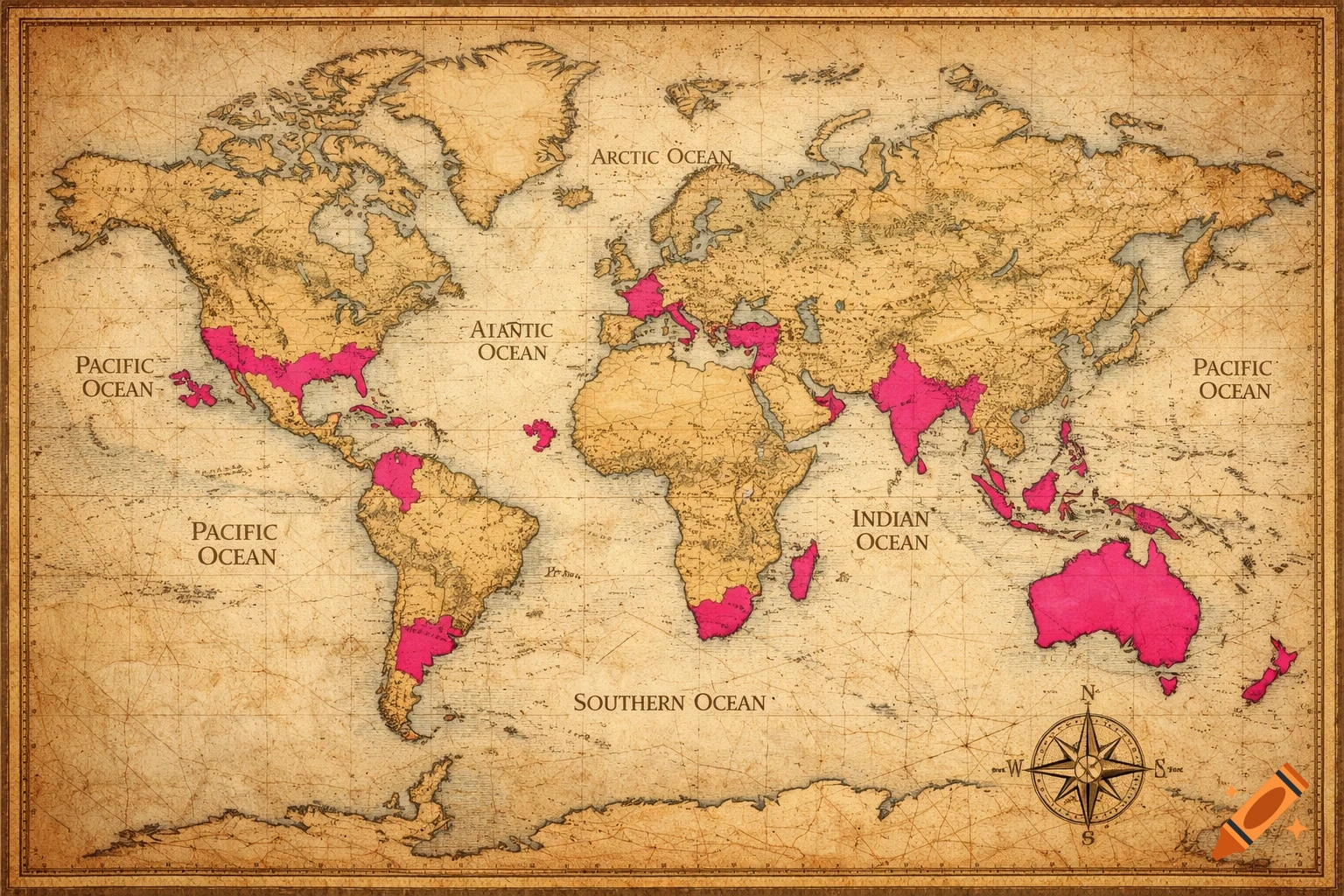 A vintage-style world map with various countries and regions highlighted in pink, including parts of the US, Mexico, Australia, India, and Europe.