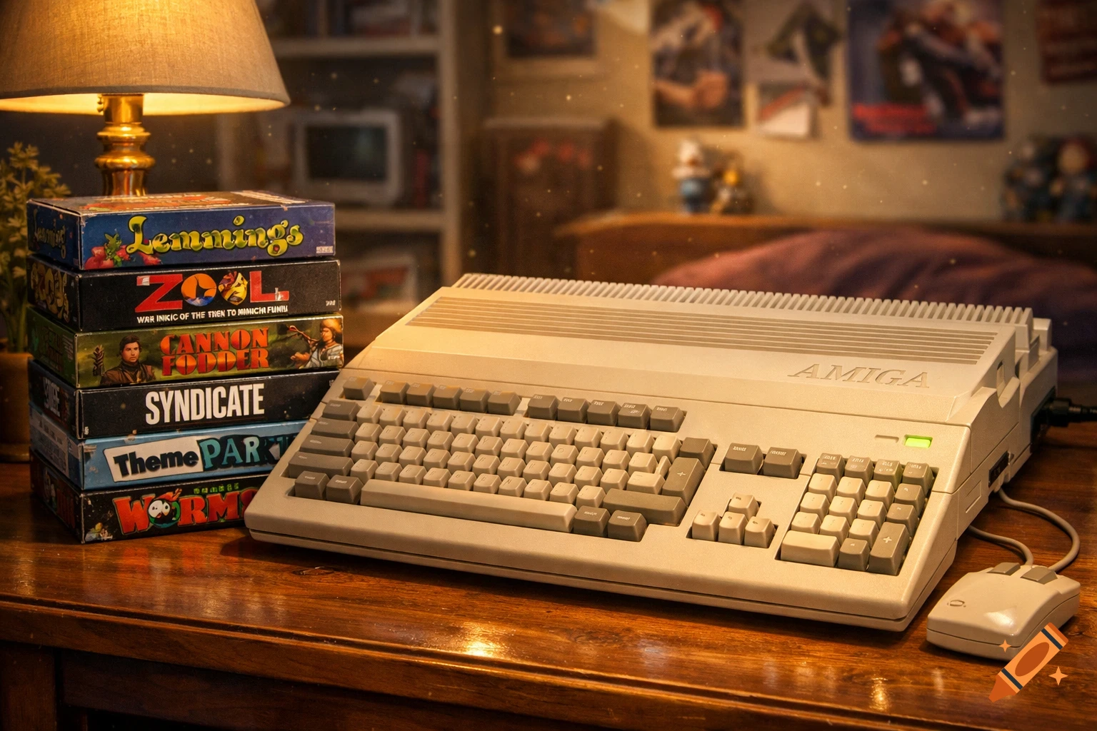 A retro Amiga 500 computer on a wooden desk next to a stack of classic video game boxes under warm lamplight.