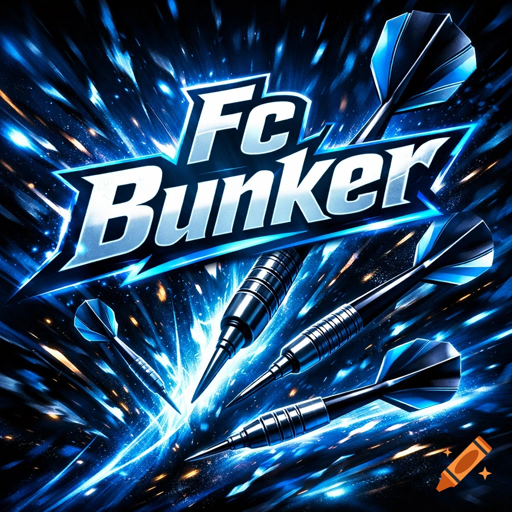 The text 'Fc Bunker' in bold white and blue over an energetic blue and black background with several darts.