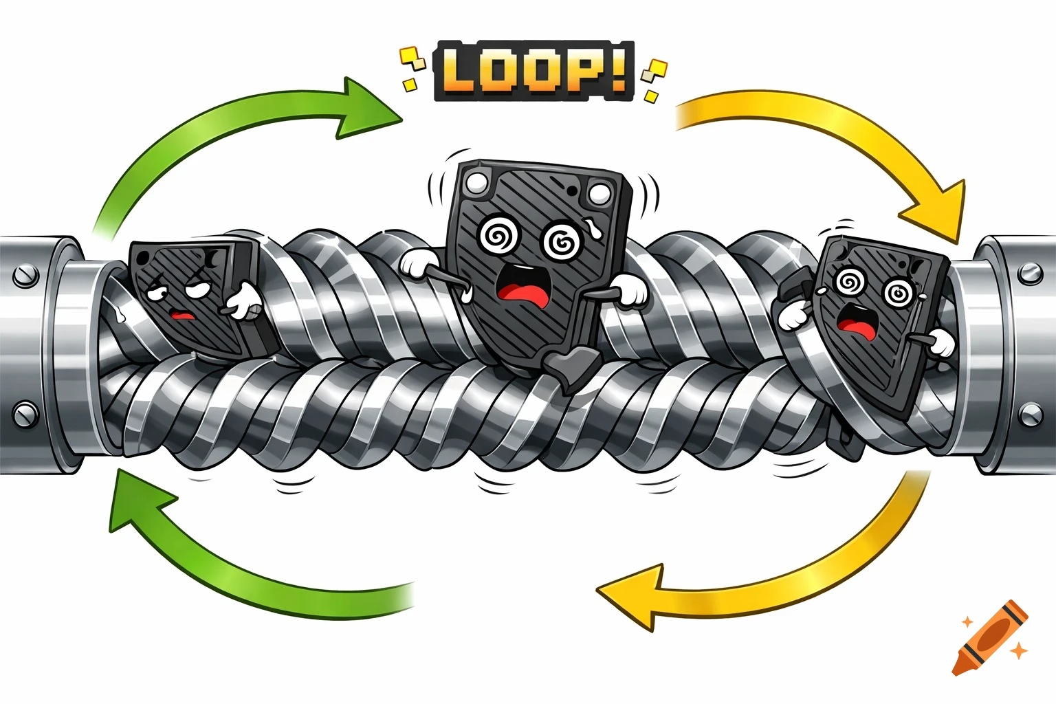 Humorous cartoon showing three distressed rectangular plates with faces being cycled through a twin-screw extruder, with 'LOOP!' text above.